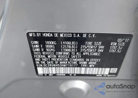 2017 Honda Hr-V Ex z USA, uszkodzony, nr VIN 3CZRU6H53HM719177